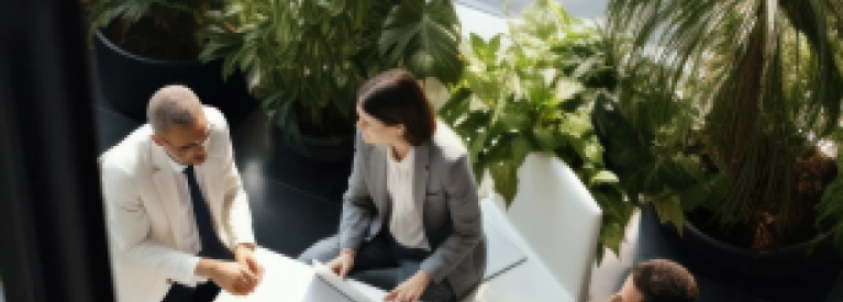 Zrównoważone strategie dla biznesu Spotkanie zespołu w przestrzeni biurowej inspirowanej naturą, nawiązującej do zrównoważonego rozwoju.