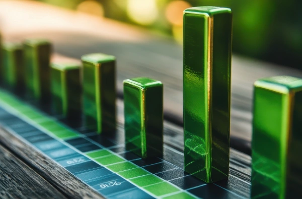 Wzrost efektywności dzięki zielonym technologiom Zielony wykres ilustrujący rosnącą efektywność i korzyści ekologiczne.